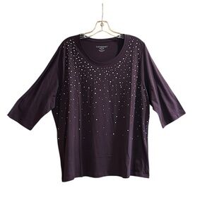 Catherine Petite 1X Plus Modal Cotton Purple Rhinestone 3/4 Sleeve Top Stretch